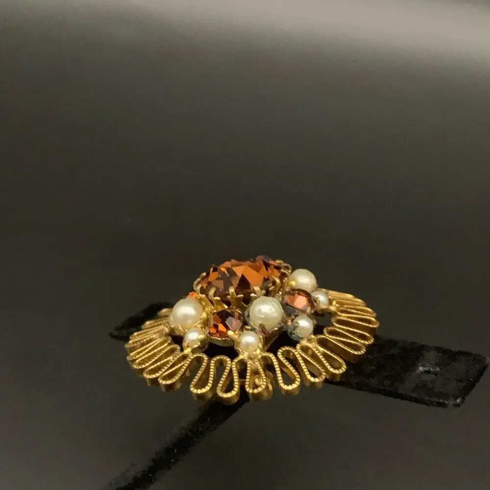 Vintage Austrian Crystal Brooch Pin Made In Austria Smokey Amber Brown Crystal
